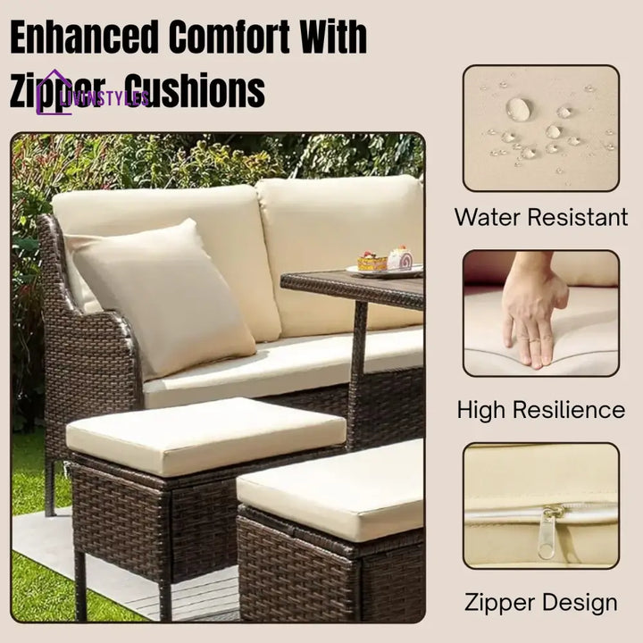 Lei 6 Piece Outdoor Patio Furniture Set (Dark Brown & Cream) - Sofa Set