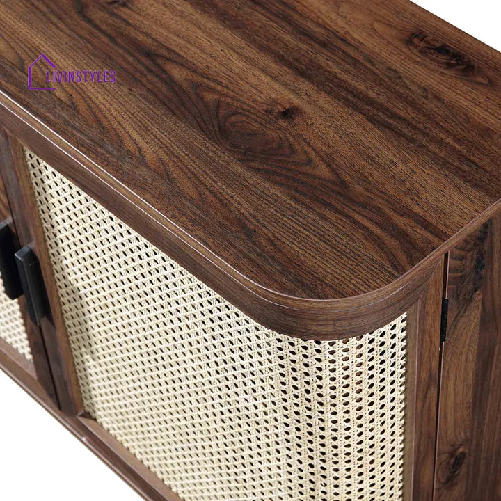 Izzy Curved Rattan 2-Door Small Sideboard Walnut Cabinet & Sideboard
