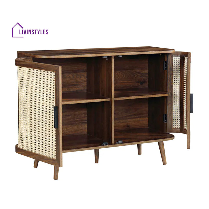 Izzy Curved Rattan 2-Door Small Sideboard Walnut Cabinet & Sideboard