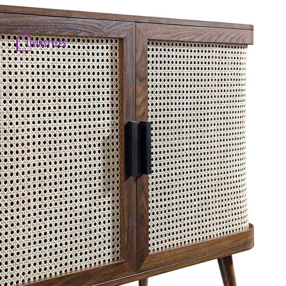 Izzy Curved Rattan 2-Door Small Sideboard Walnut Cabinet & Sideboard