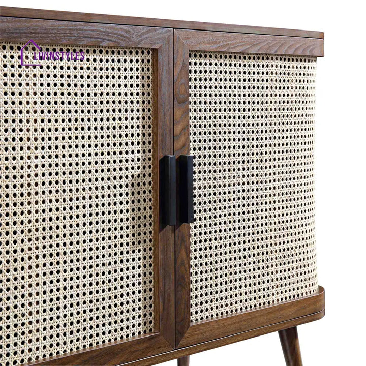 Izzy Curved Rattan 2-Door Small Sideboard Walnut Cabinet & Sideboard
