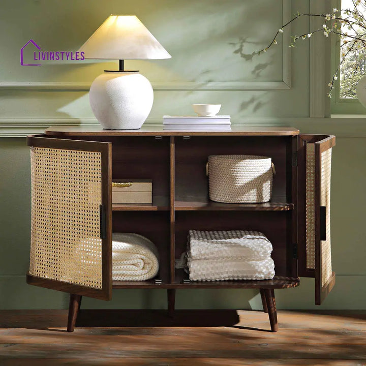 Izzy Curved Rattan 2-Door Small Sideboard Walnut Cabinet & Sideboard
