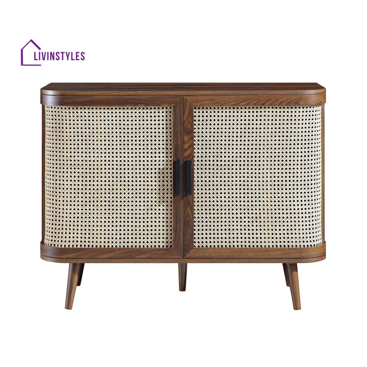 Izzy Curved Rattan 2-Door Small Sideboard Walnut Cabinet & Sideboard