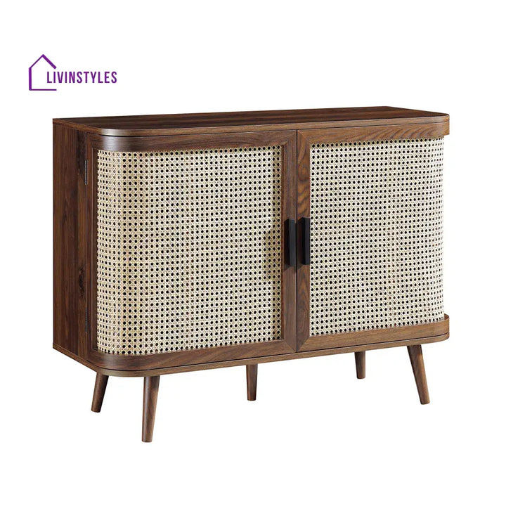 Izzy Curved Rattan 2-Door Small Sideboard Walnut Cabinet & Sideboard