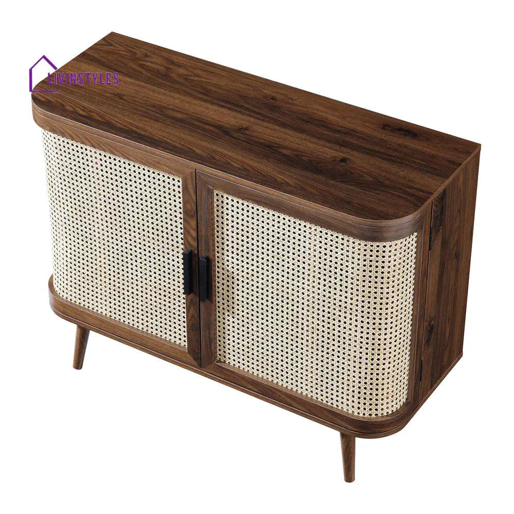 Izzy Curved Rattan 2-Door Small Sideboard Walnut Cabinet & Sideboard