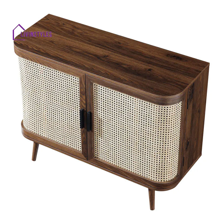 Izzy Curved Rattan 2-Door Small Sideboard Walnut Cabinet & Sideboard