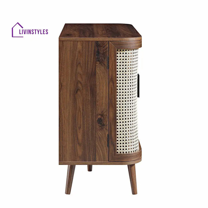Izzy Curved Rattan 2-Door Small Sideboard Walnut Cabinet & Sideboard