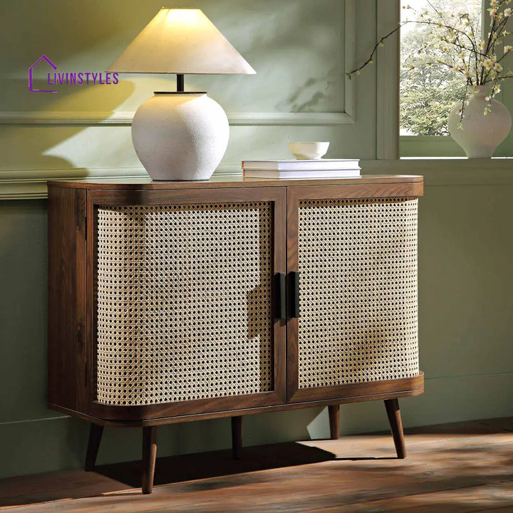 Izzy Curved Rattan 2-Door Small Sideboard Walnut Cabinet & Sideboard