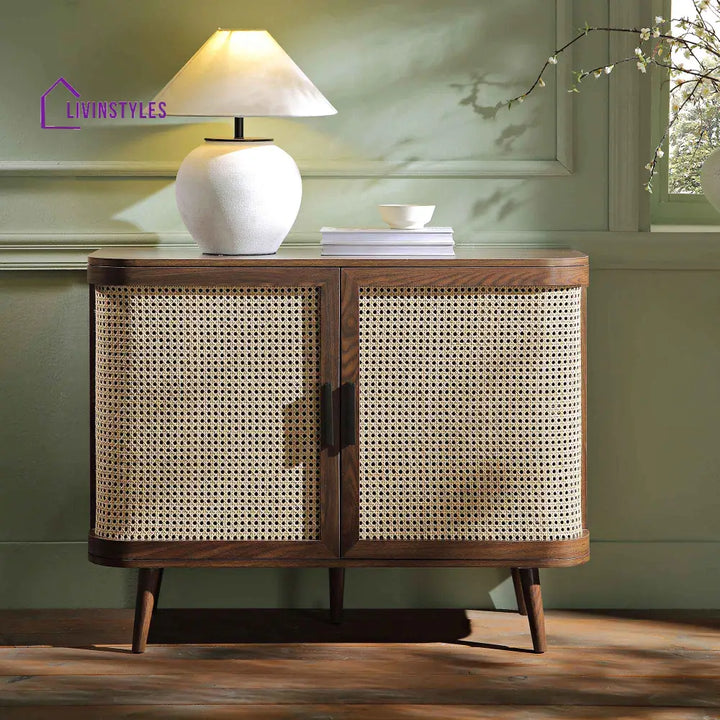 Izzy Curved Rattan 2-Door Small Sideboard Walnut Cabinet & Sideboard