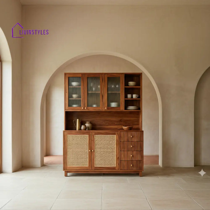 Leo Classic Kitchen Cabinet with Glass Cane Weave (Honey Finish)