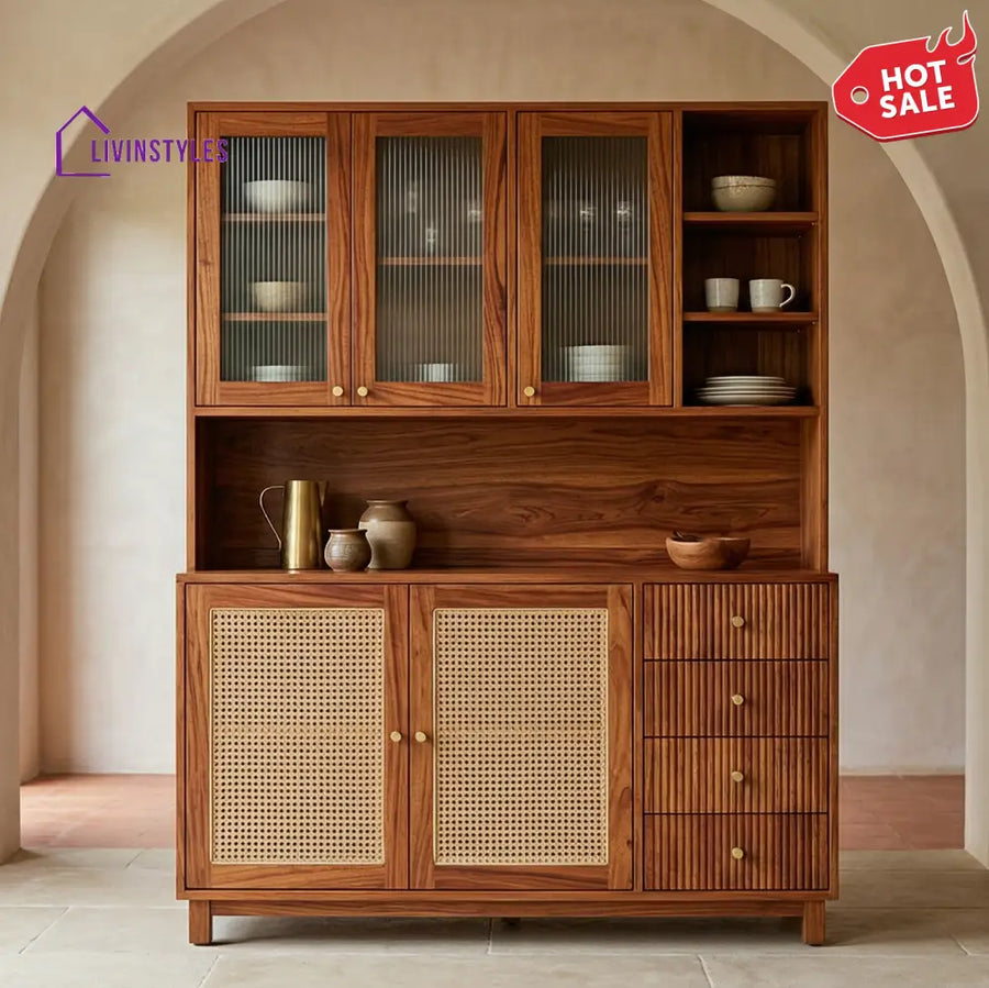 Leo Classic Kitchen Cabinet with Glass Cane Weave (Honey Finish)