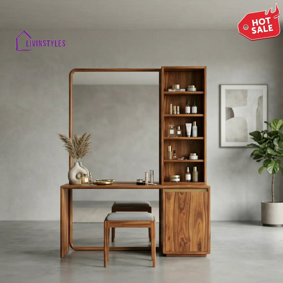 Leo Sheesham Wood Dressing Table with Mirror and Storage (Honey Finish)