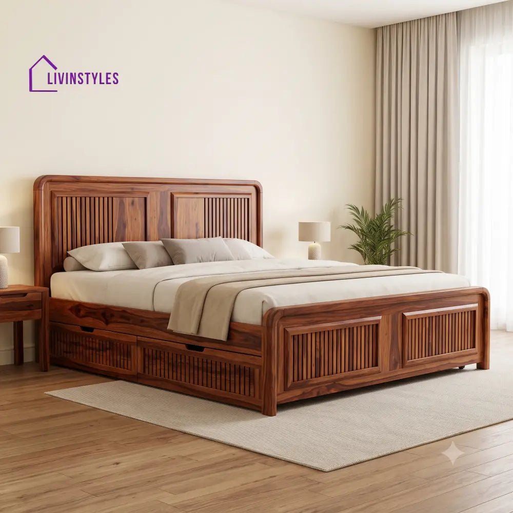 Leon Premium Wooden Bed with Drawer Storage | King Size Bed & Queen Size Bed Online