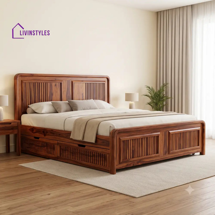 Leon Premium Wooden Bed with Drawer Storage | King Size Bed & Queen Size Bed Online