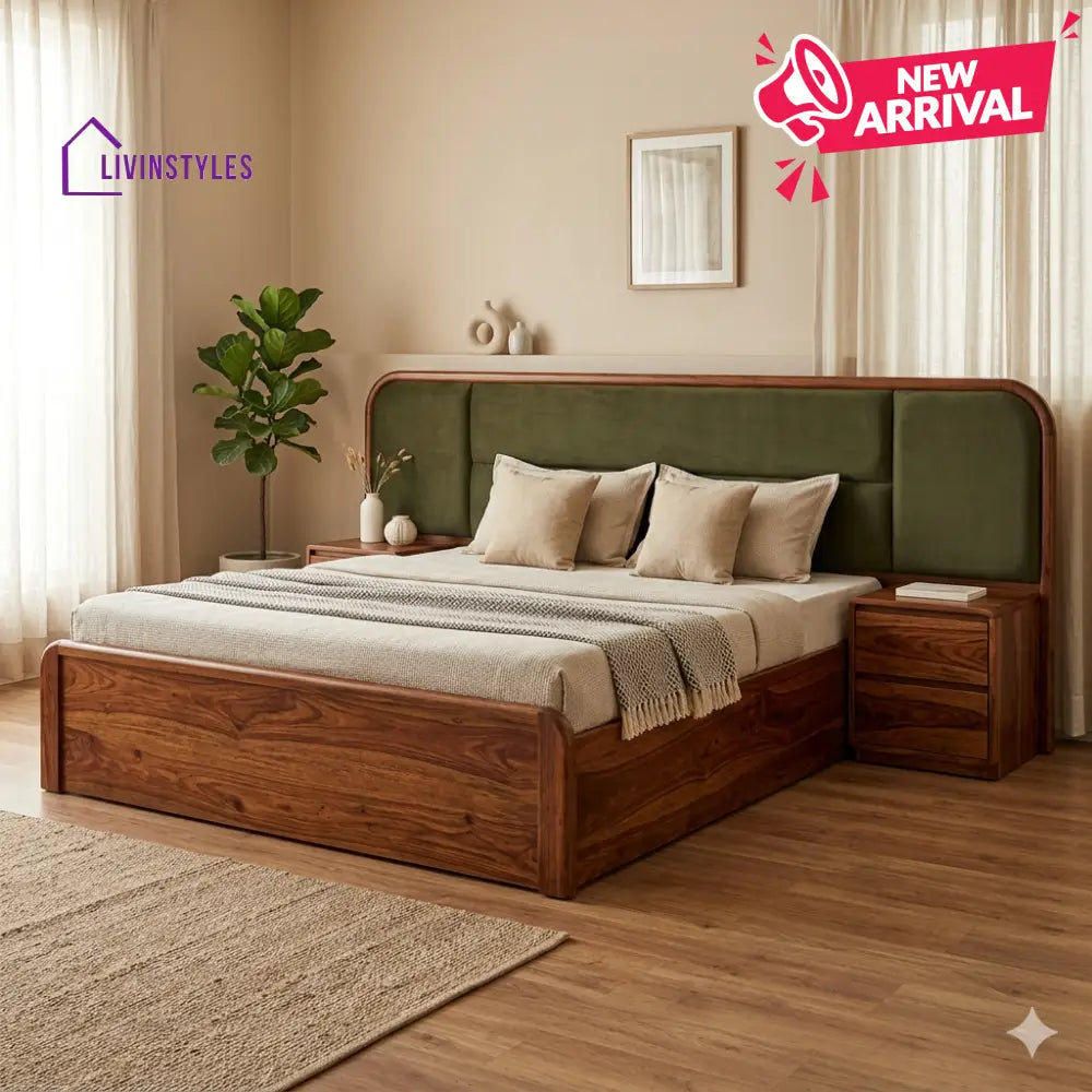 Leonid Premium Sheesham Wood Bed with Velvet Headboard