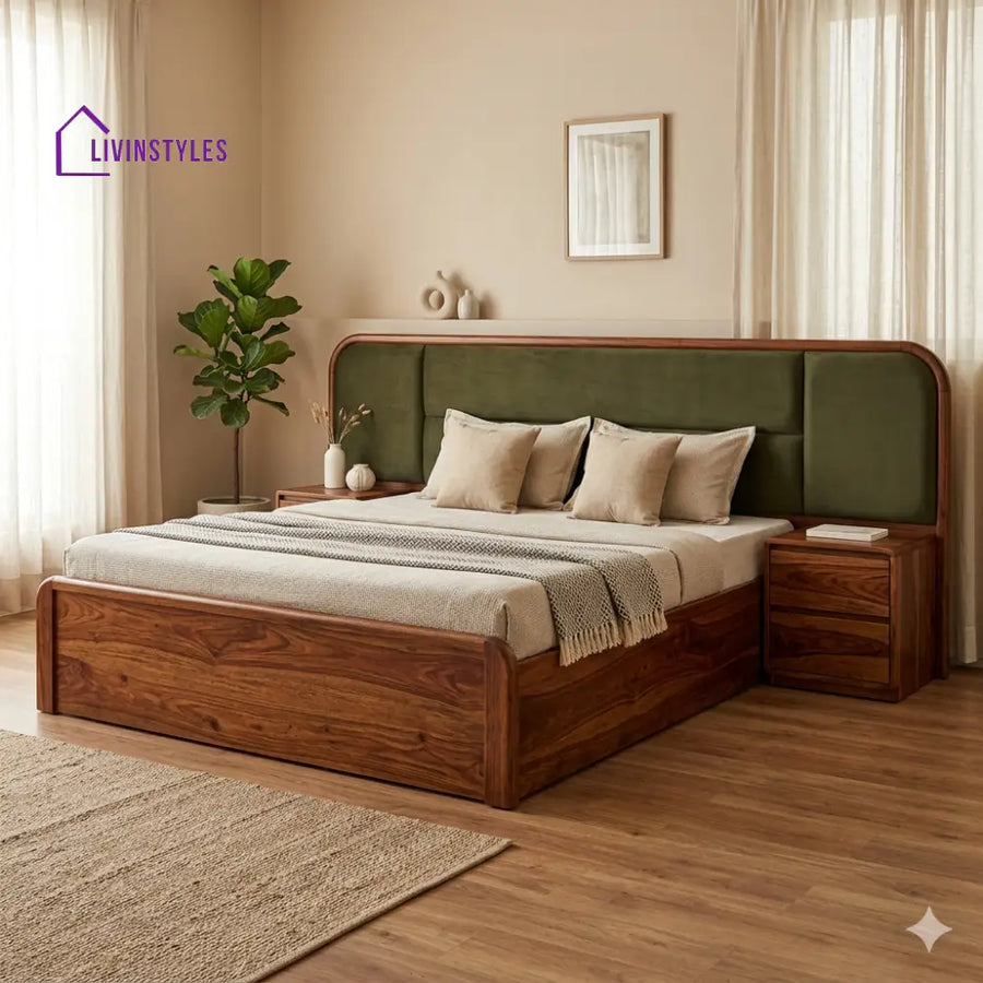 Leonid Premium Sheesham Wood Bed with Velvet Headboard