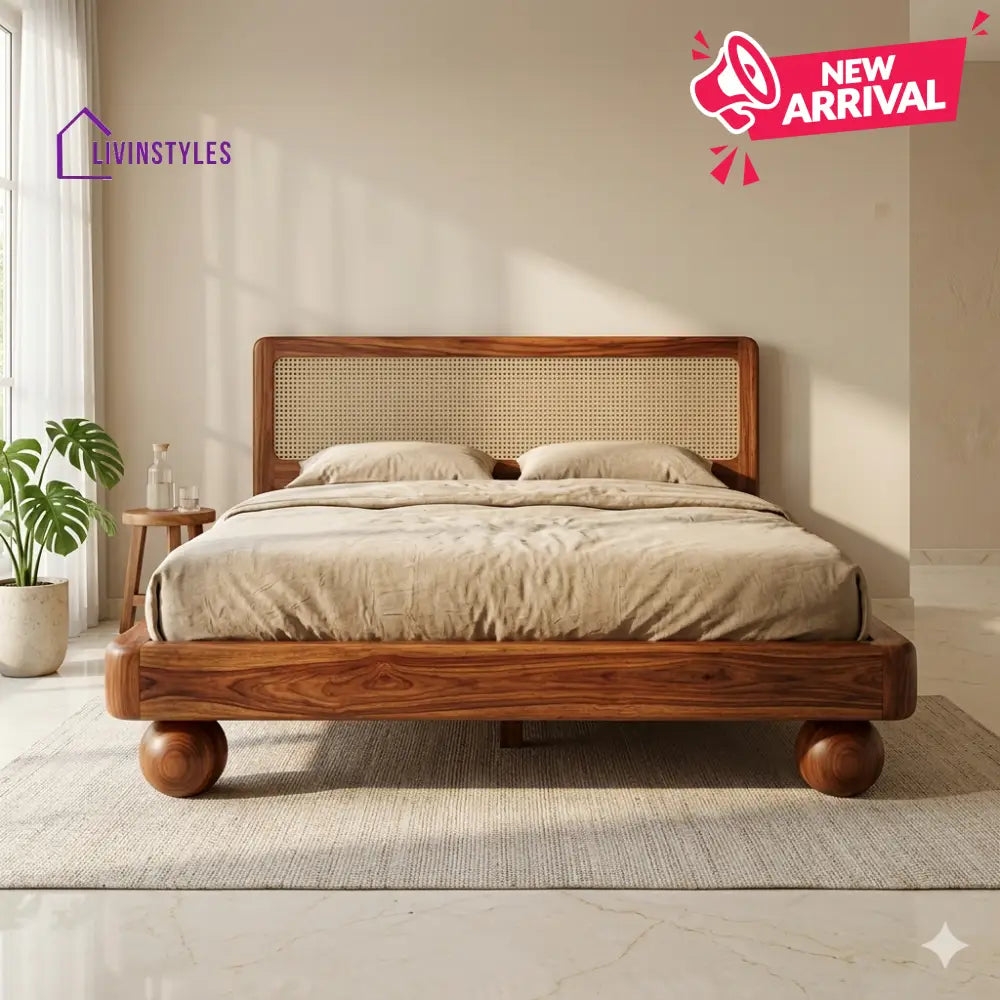 Leonid Sheesham Wood Bed with Ball Shaped Legs and Cane Weaving Headboard