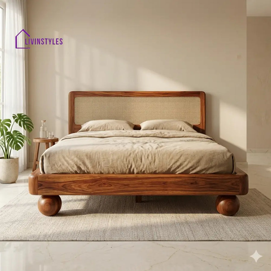 Leonid Sheesham Wood Bed with Ball Shaped Legs and Cane Weaving Headboard
