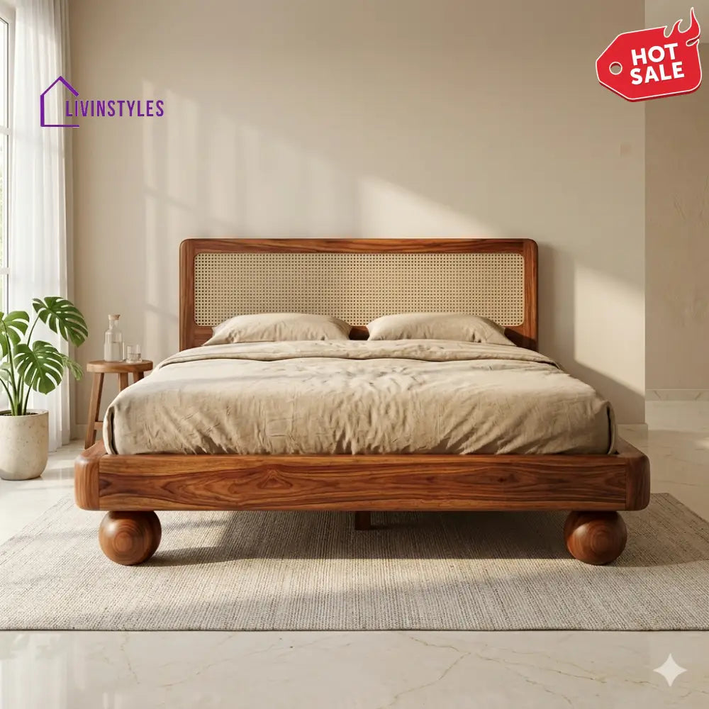 Leonid Sheesham Wood Bed with Ball Shaped Legs and Cane Weaving Headboard