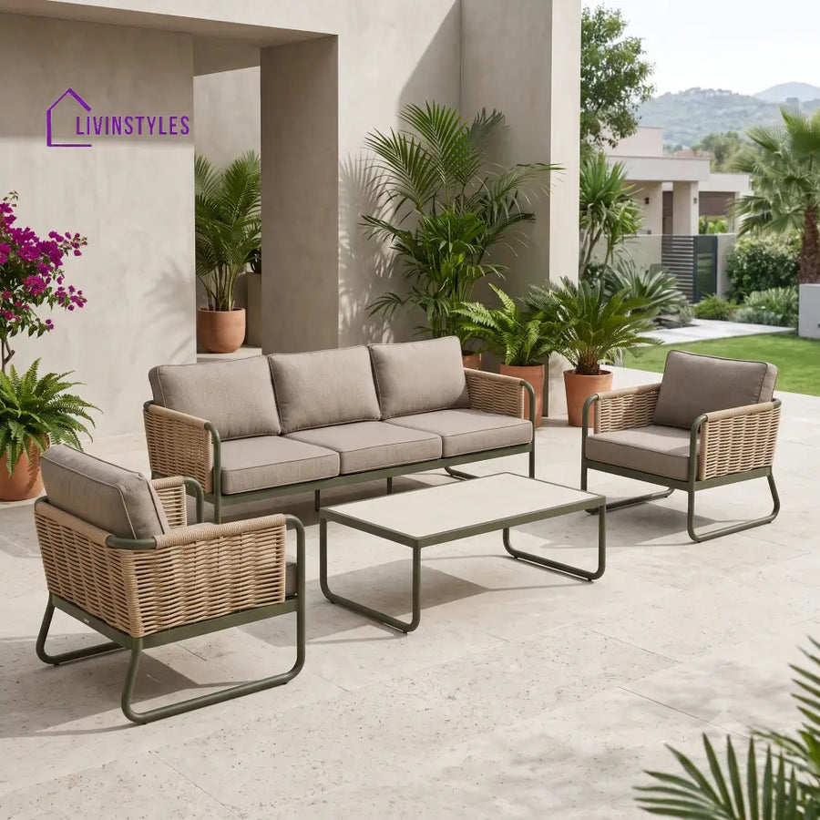 Leonie Metal Frame and Rope Weaving Outdoor Sofa Set 3 + 1 +1 and Coffee Table | Premium Uphostery
