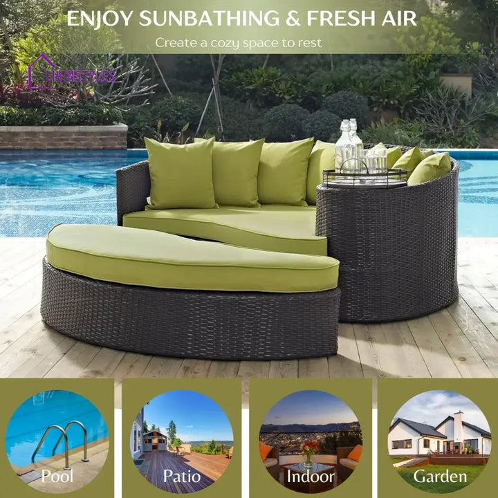 Leonie Outdoor Rattan Wicker Daybed (Dark Brown & Green) - Daybed