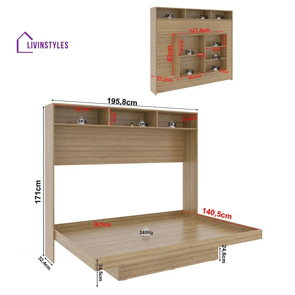 Lera Wooden Finish Wall Mounted Bed with Shelves