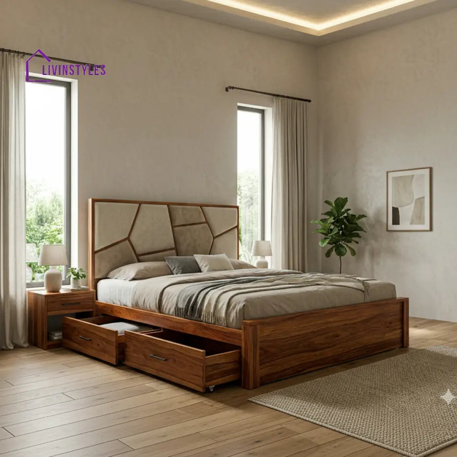 Levi Premium Sheesham Wood Bed with Fabric Headboard