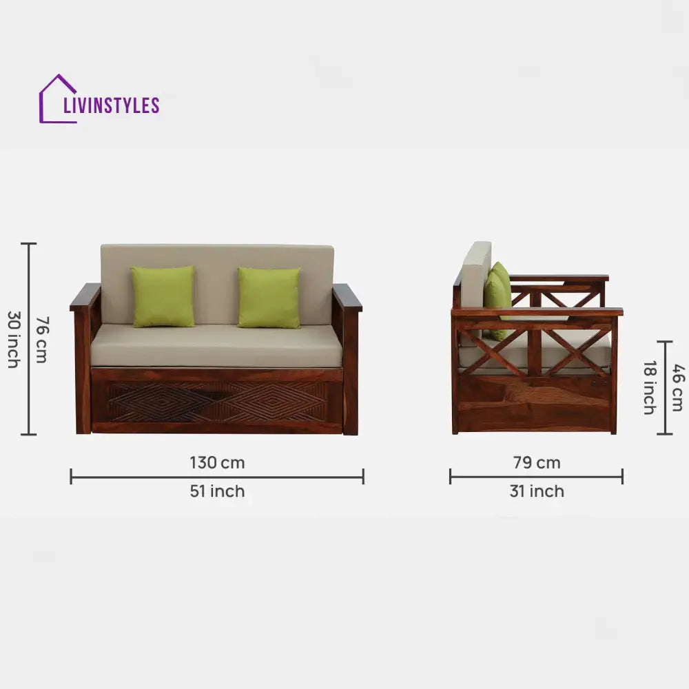 Mihira Sheesham Wood 2 Seater Sofa In Honey Oak Finish