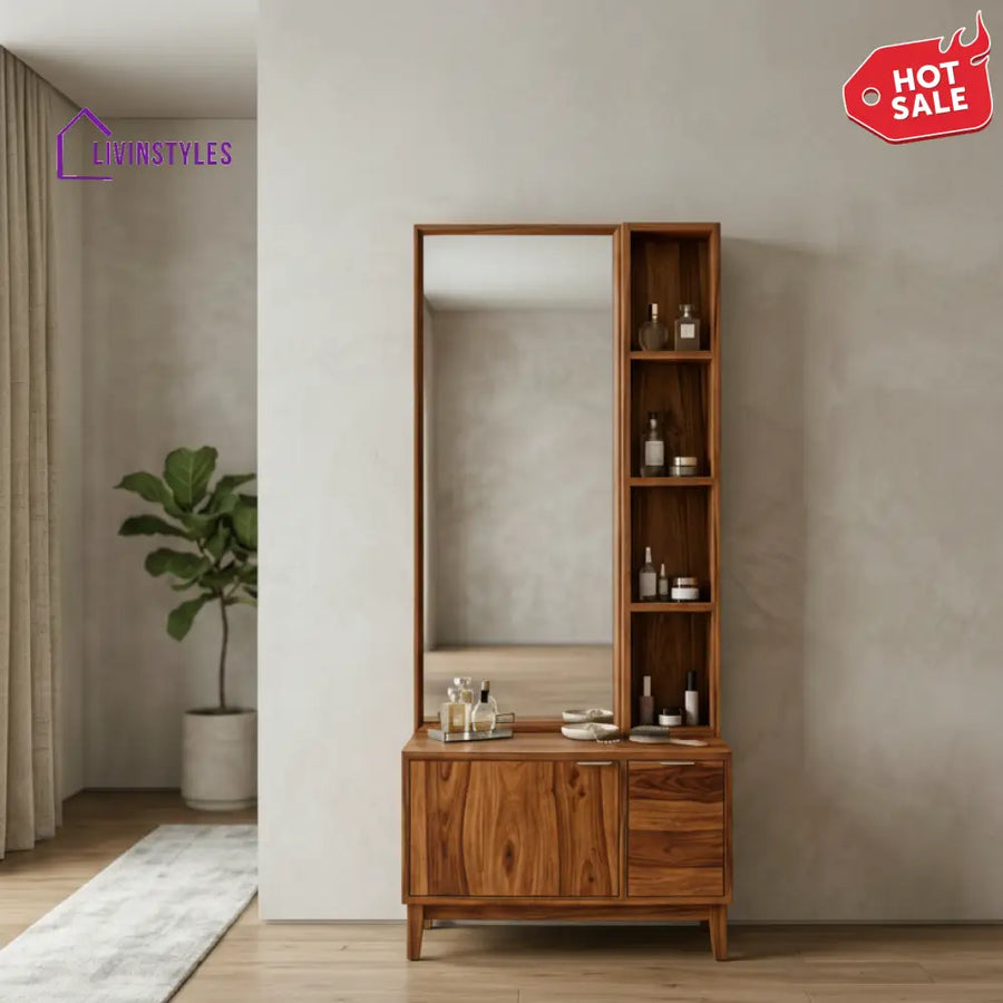 Levi Sheesham Wood Dressing Table with Mirror and Storage (Honey Finish)