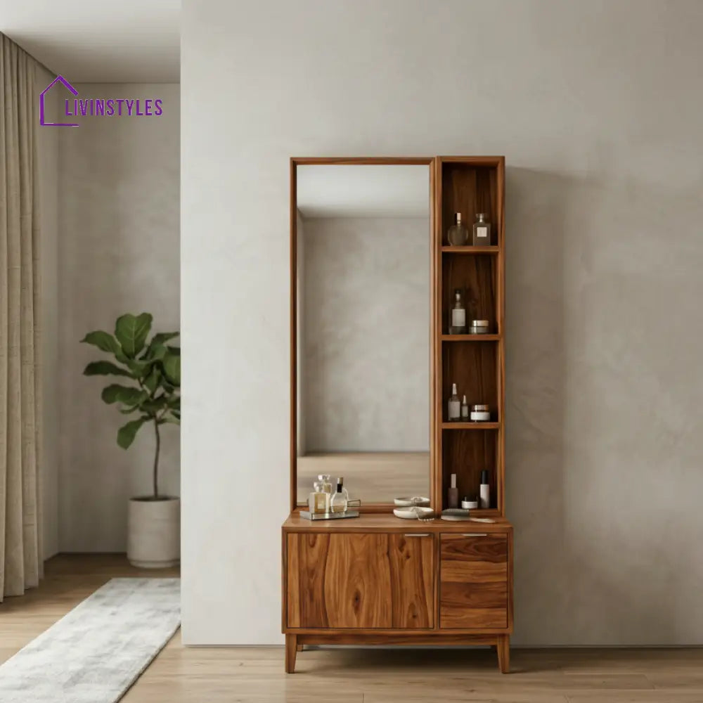 Levi Sheesham Wood Dressing Table with Mirror and Storage (Honey Finish)