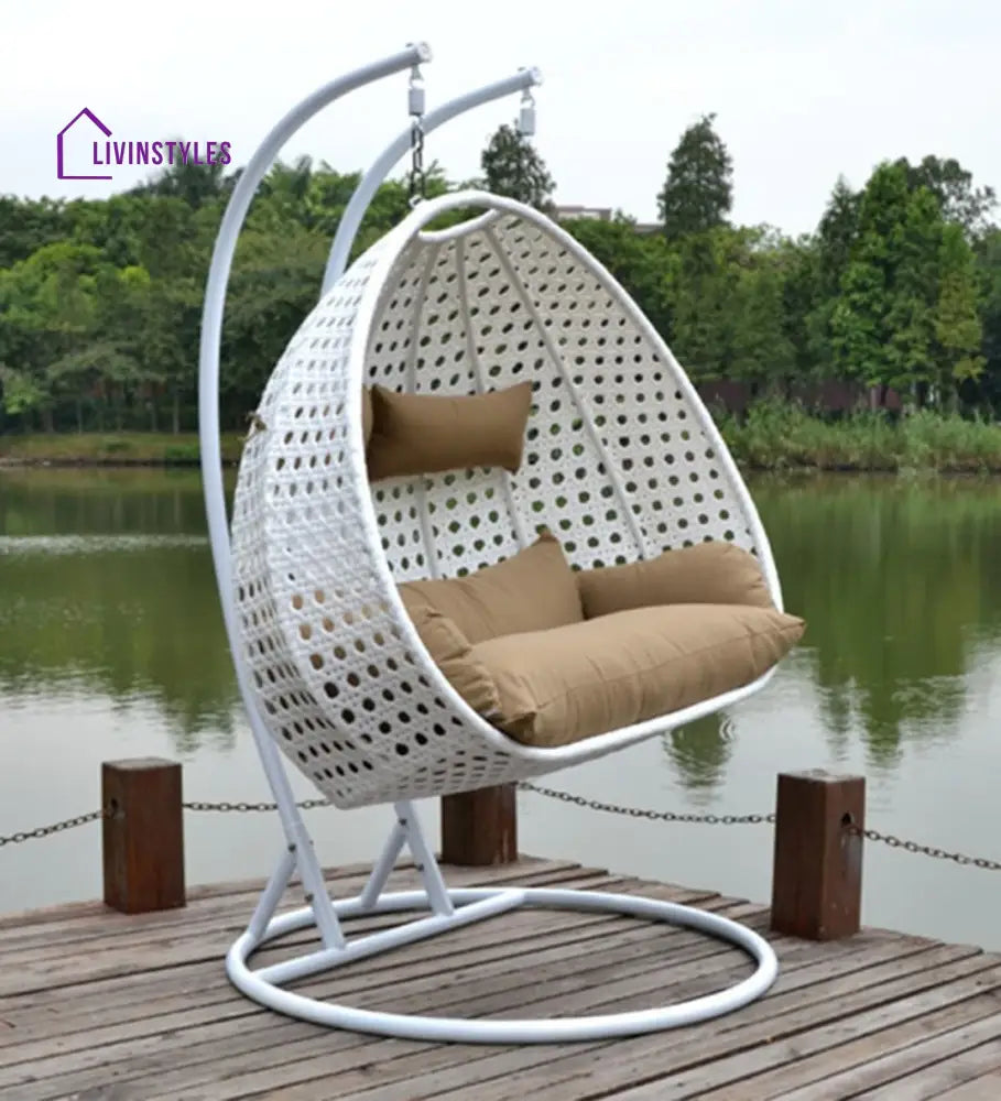 Lia Double Seater Hanging Swing With Stand For Balcony Garden Swing (White) - Swings