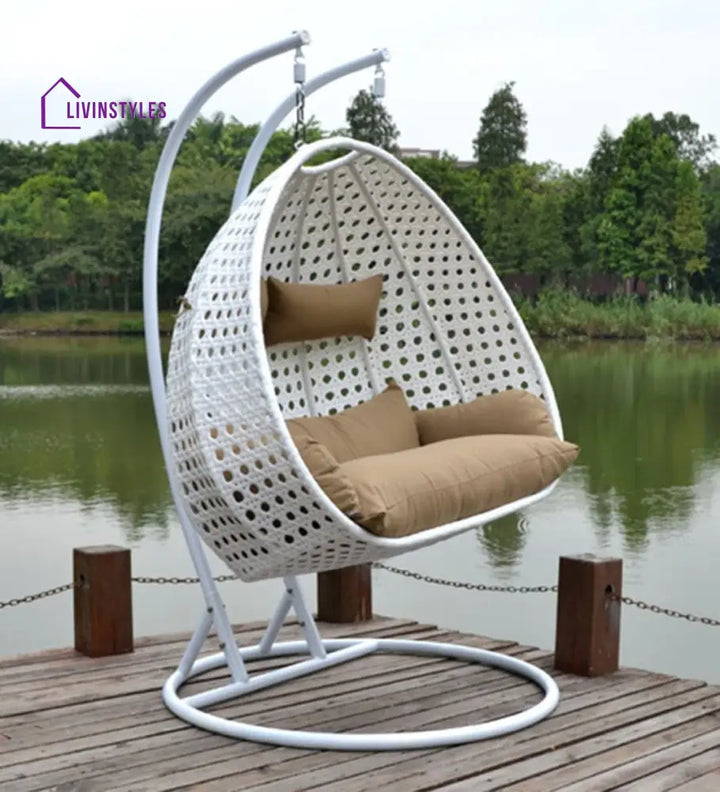 Lia Double Seater Hanging Swing With Stand For Balcony Garden Swing (White) - Swings