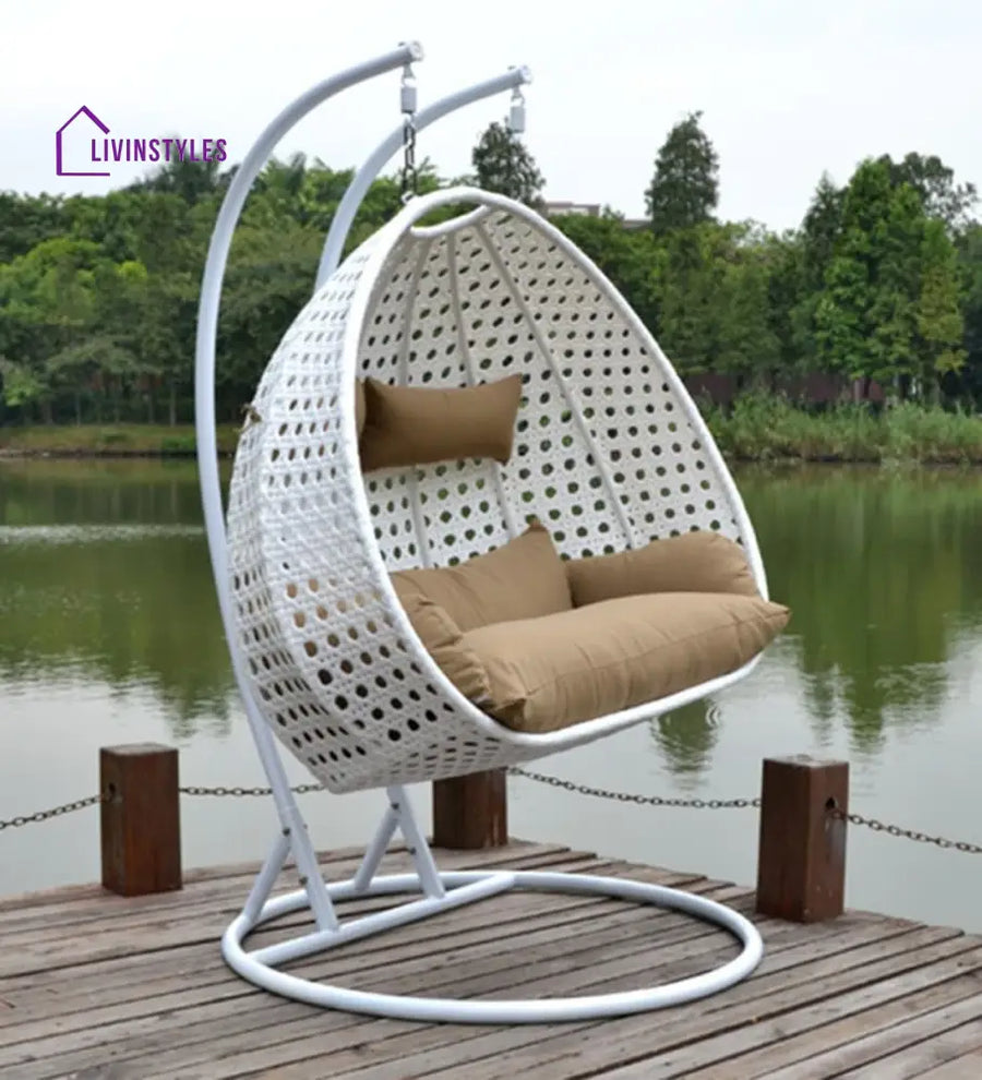 Lia Double Seater Hanging Swing With Stand For Balcony Garden Swing (White) - Swings