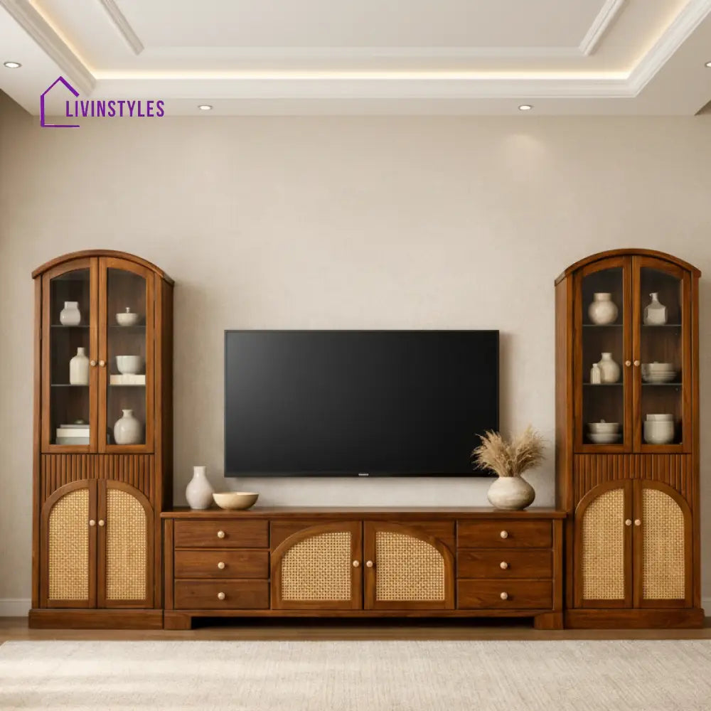 Liam Premium Solid Wood TV Unit with Cane Panel Cabinet