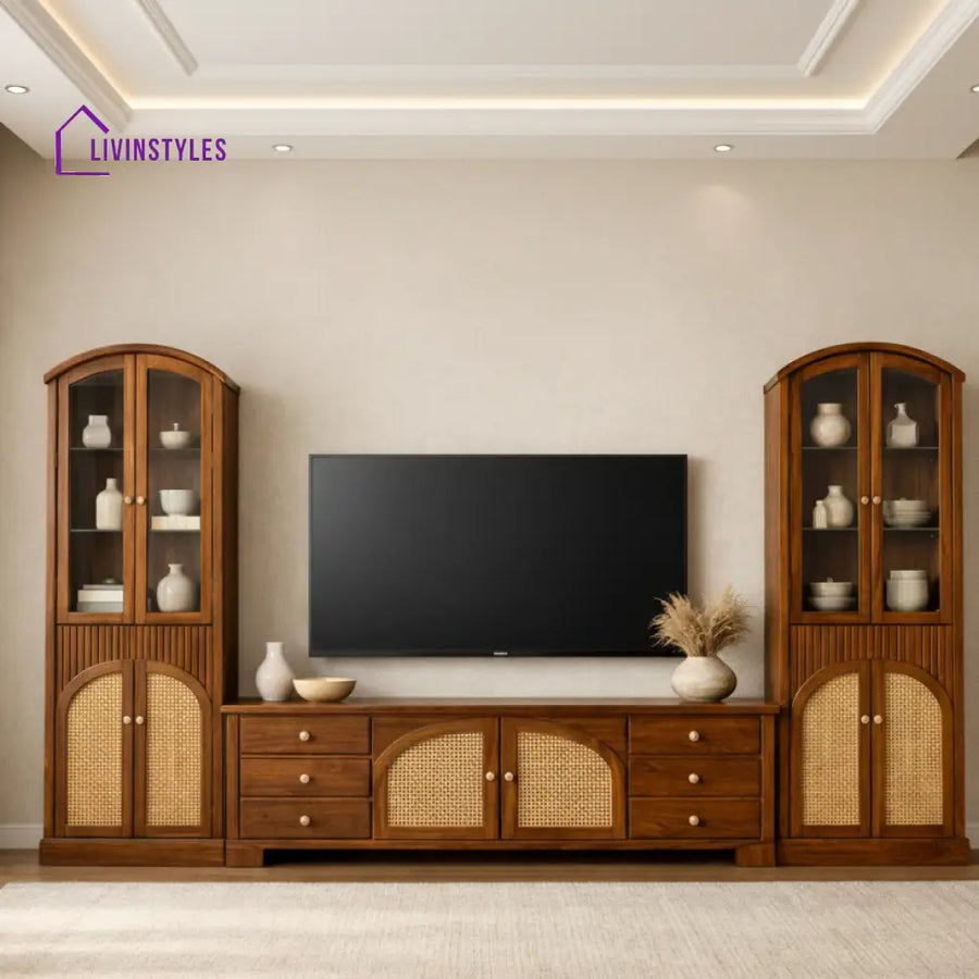 Liam Premium Solid Wood TV Unit with Cane Panel Cabinet