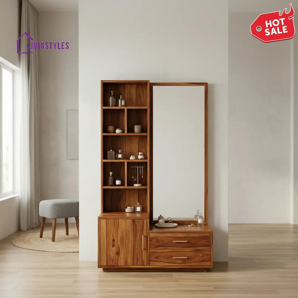 Liam Sheesham Wood Dressing Table with Mirror and Storage (Honey Finish)