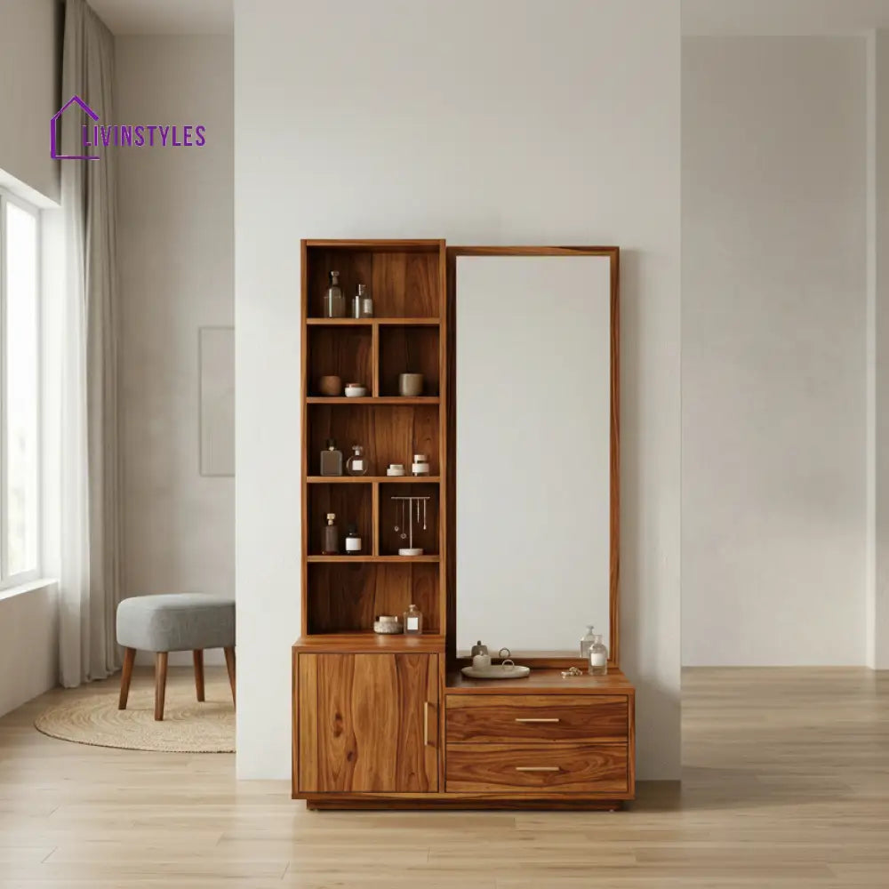 Liam Sheesham Wood Dressing Table with Mirror and Storage (Honey Finish)