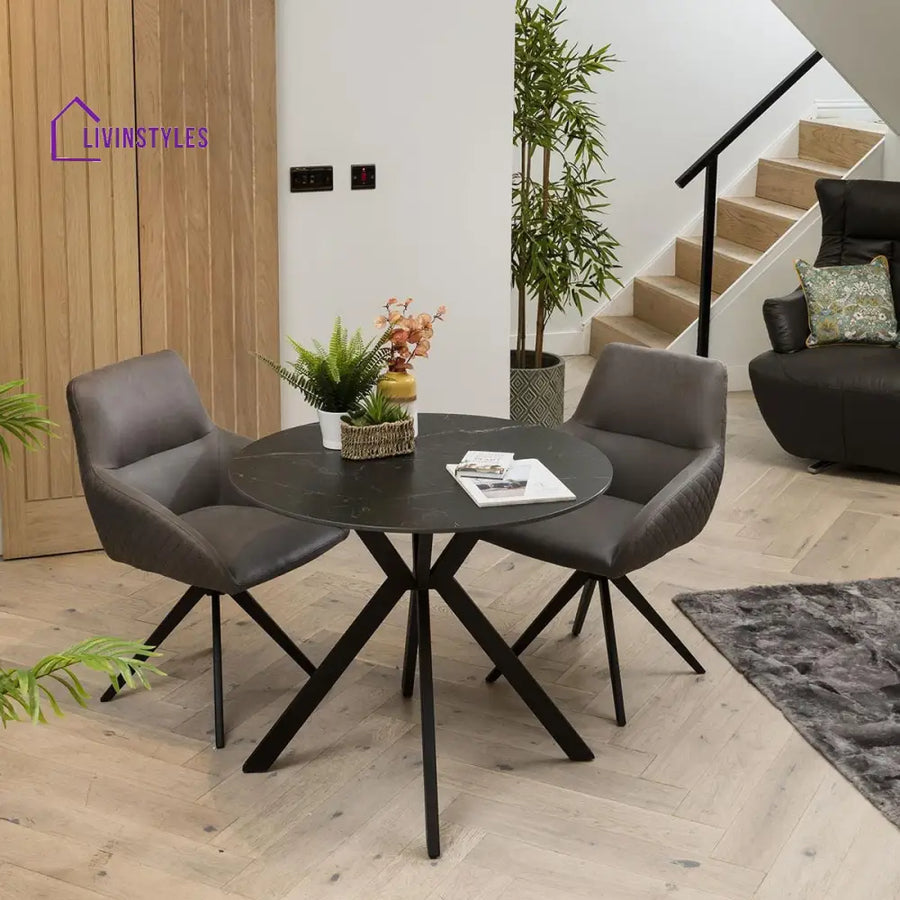 Lidiya 2 Seater Round Bistro Dining Set - Black Ceramic Table & Swivel Chairs Dining Room / Dining Sets
