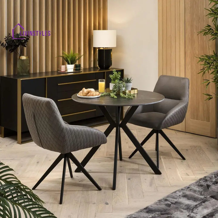 Lidiya 2 Seater Round Bistro Dining Set - Black Ceramic Table & Swivel Chairs Dining Room / Dining Sets