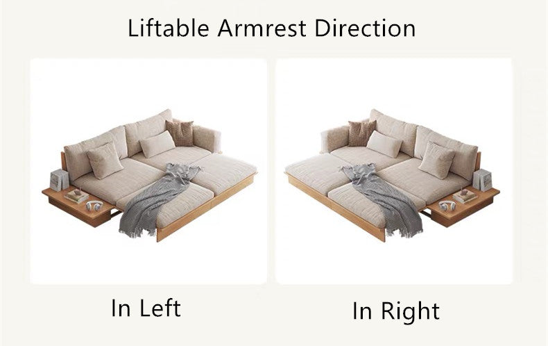 Japandi Solid Wood Sofa Bed with Liftable Armrest Storage Box SOFA BED