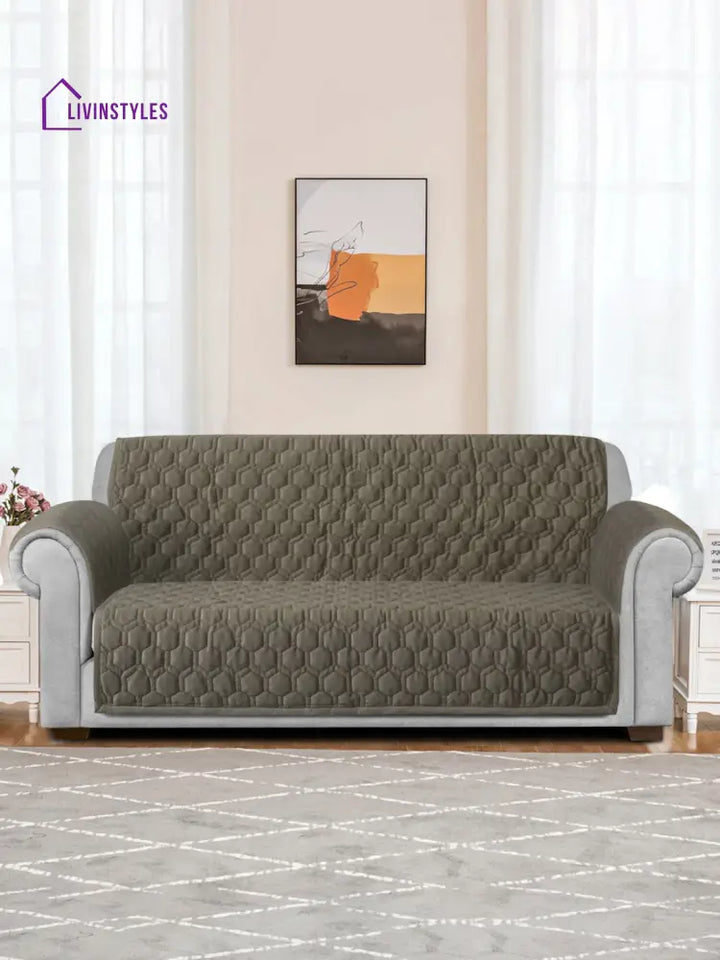 Light Brown Honey Comb Quilted Velvet 3 Seater Sofa Cover With 2 Pcs Hand Rest Slip Cover Sofa