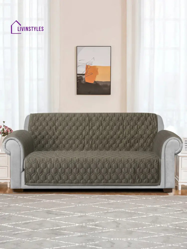 Light Brown Honey Comb Quilted Velvet 3 Seater Sofa Cover With 2 Pcs Hand Rest Slip Cover Sofa