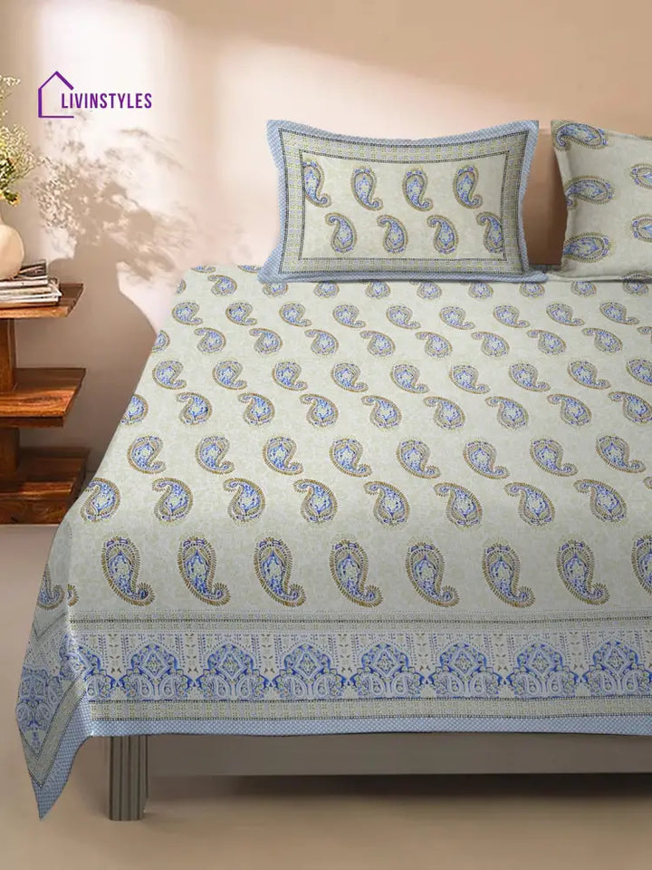 Light Green Paisley Print 200 Tc Cotton King Bed Sheet With 2 Pillow Covers