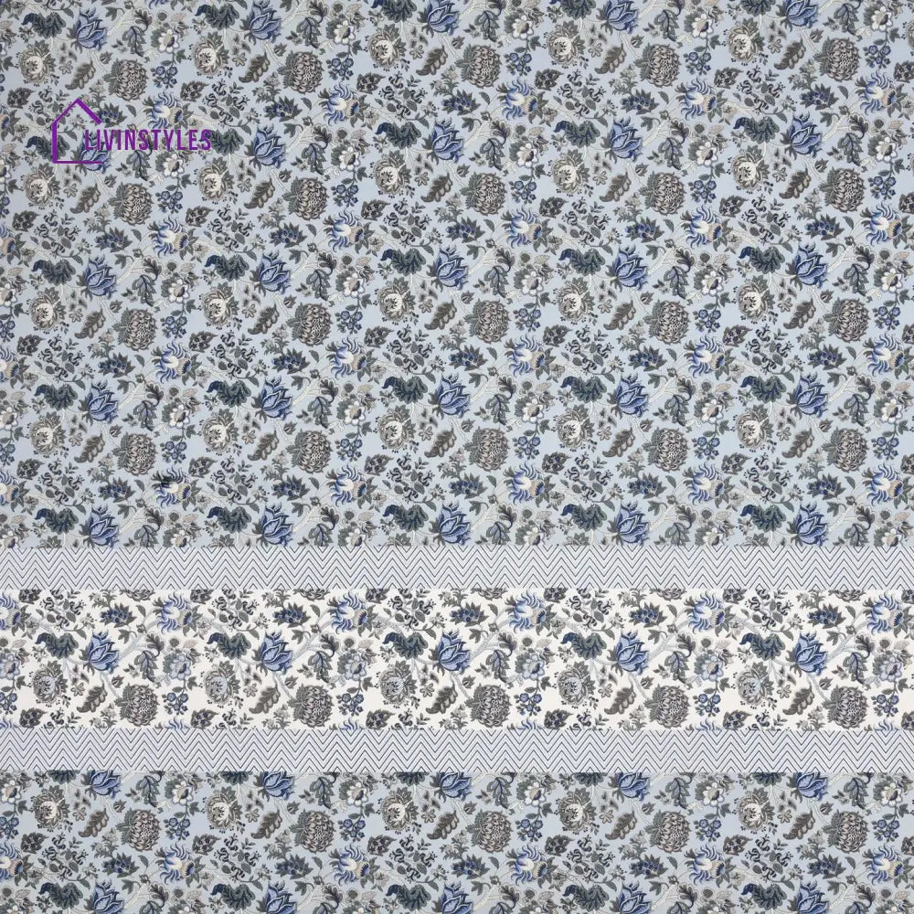 Light Grey Floral Print Super King Cotton Bed Sheet With 2 Pillow Covers