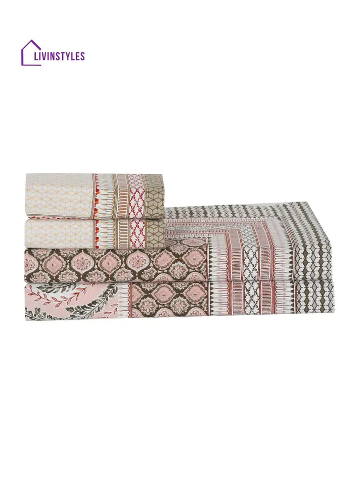 Light Peach Ethnic Motif 180 Tc Cotton Super King Bed Sheet With 2 Pillow Covers
