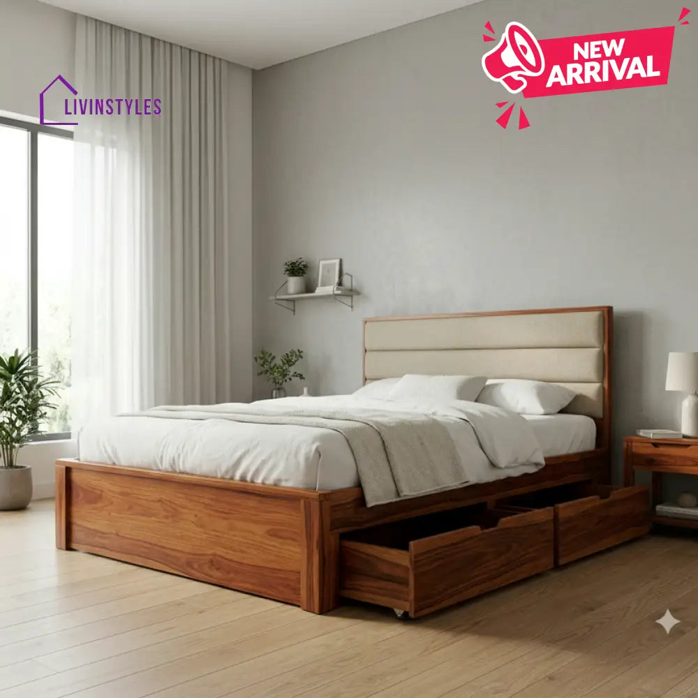 Lila Premium Sheesham Wood Bed with Fabric Headboard