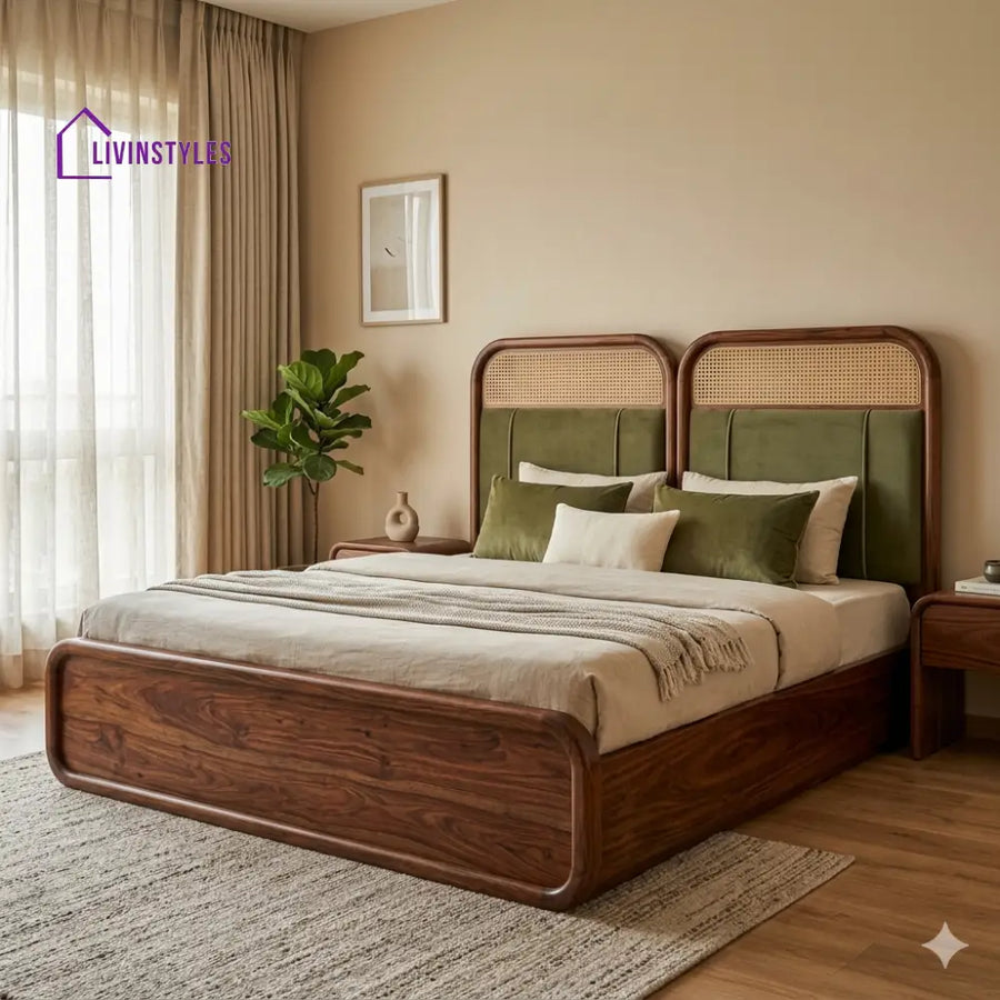 Lilia Premium Sheesham Wood Bed with Velvet Headboard