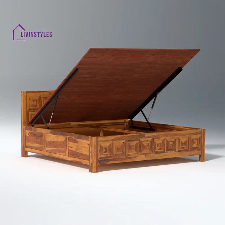 Lilia Sheesham Wood Hydraulic Bed in Light Honey Finish With Box Storage