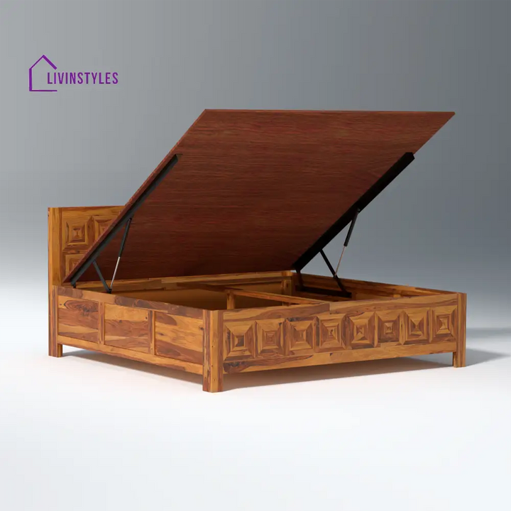 Lilia Sheesham Wood Hydraulic Bed in Light Honey Finish With Box Storage