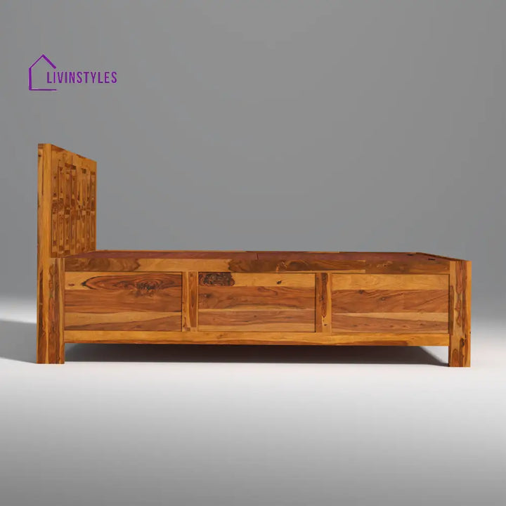 Lilia Sheesham Wood Hydraulic Bed in Light Honey Finish With Box Storage